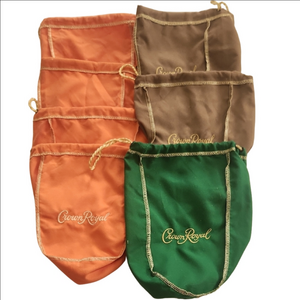 Ten Crown Royal Bags In Orange, Brown, Purple and Green